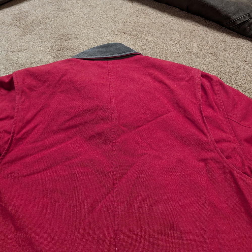Lands End Vintage Red Canvas Chore Coat with Leather Collar - Picture 9 of 16